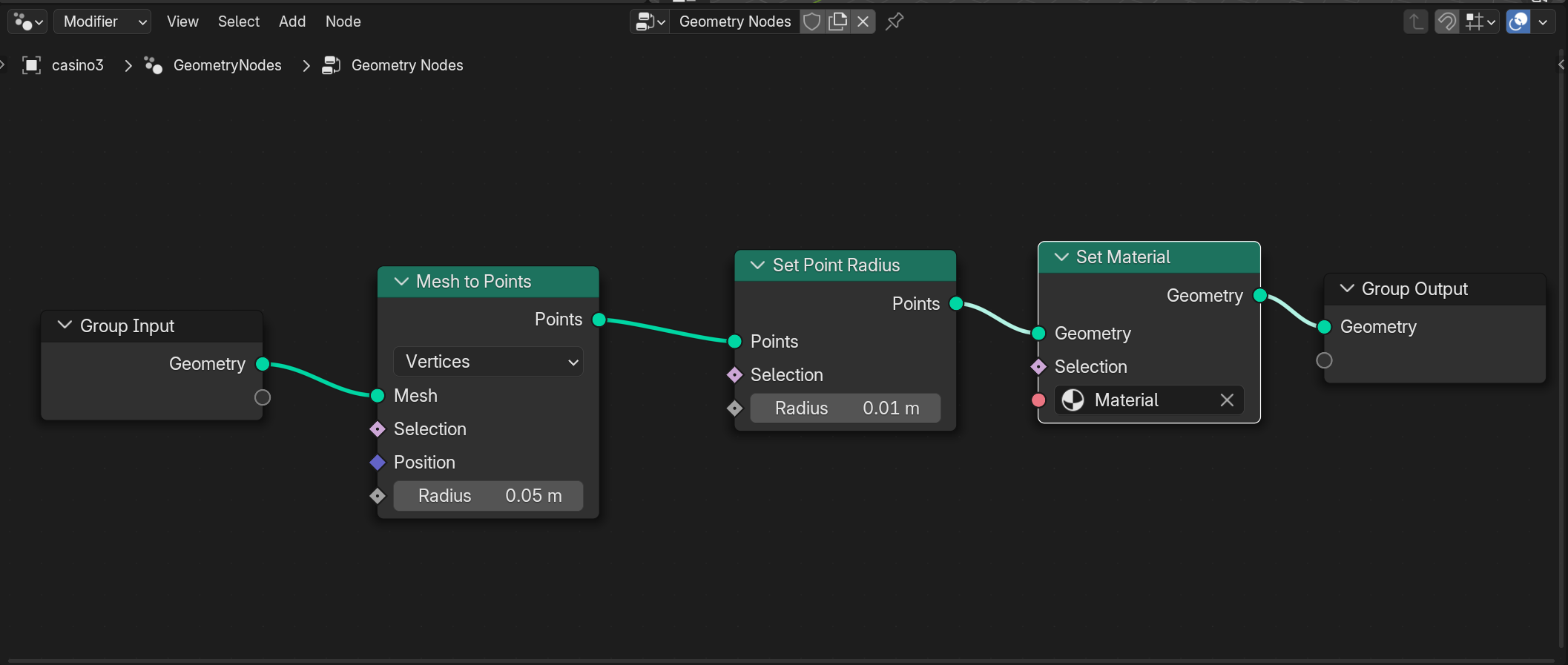 Figure 3. Mesh to Points Node - scatter points on the surface of the mesh, Set Point Radius Node - for adjusting point size, Set Material Node - For adding vertex color information on each point (see figure 4, for material setup)