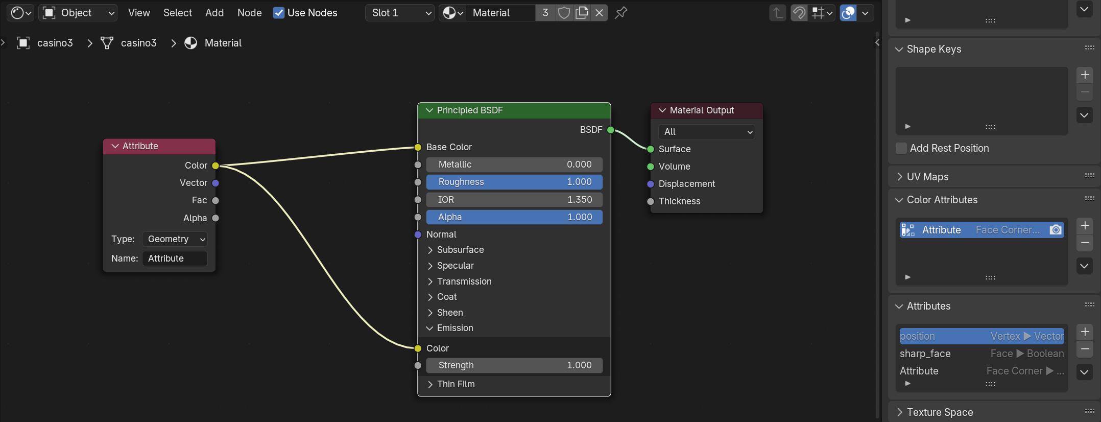Figure 4. In the Shader Editor, add an Attribute Node and connect its output to the Base Color input of the Principled BSDF (or another shader). It is important to know the exact name of the vertex color attribute, by default it may appear as Attribute or Col. Type or paste this name into the Attribute Node, so the material reads the correct data. Make sure the Set Material node (in geometry node) is referencing the right material.
